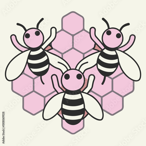 Three playful honey bees hover around a vibrant pink honeycomb showcasing their crucial role in pollination and honey production