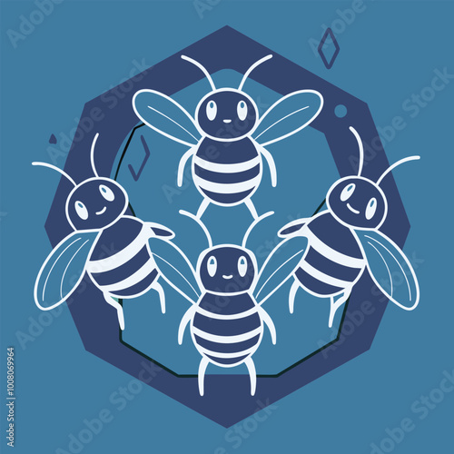 Cheerful honey bees dance around a vibrant honeycomb showcasing a delightful moment of natures busy pollinators on a serene blue backdrop
