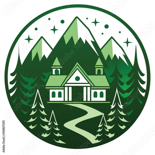 A cozy house design surrounded by tall mountains and evergreen trees creates a peaceful and inviting atmosphere in nature.