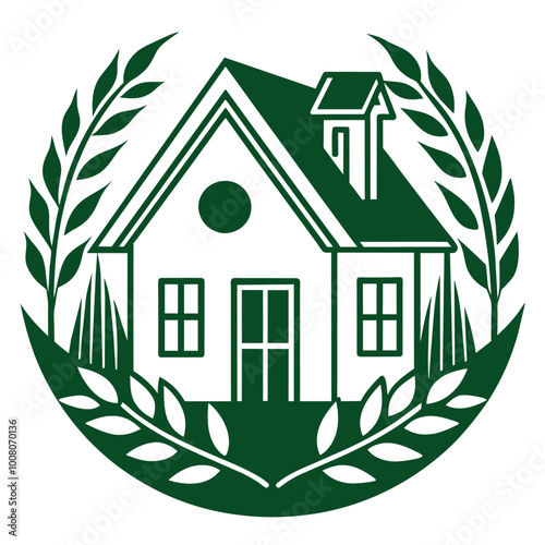 This design features a house symbol encircled by leafy greenery symbolizing home nature and stability in a modern vector format.