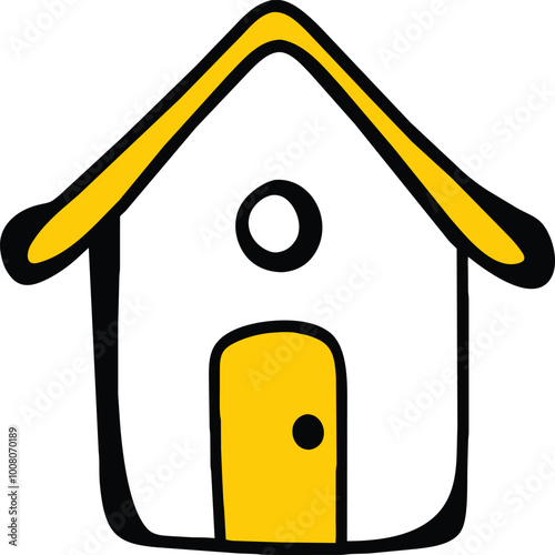 A stylized house symbol with a yellow roof and door featuring a round window ideal for representing home and cozy themes in various designs