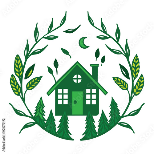 A green house symbol is enclosed within a leafy wreath complemented by pine trees and a crescent moon creating a harmonious nature focused design
