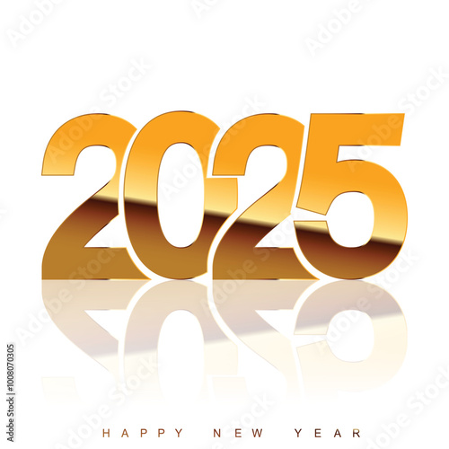 A reflective golden 2025 New Year design on white background. Vector