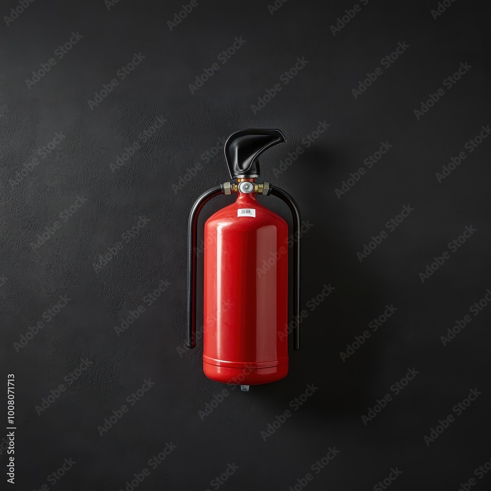 Fototapeta premium Red fire extinguisher on a dark background, essential safety equipment.