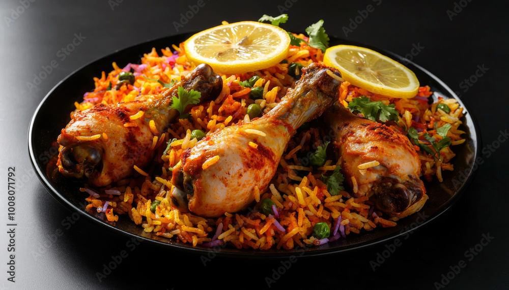 A vibrant plate of spiced chicken drumsticks served over colorful rice, garnished with lemon slices and fresh herbs. A vibrant plate of spiced chicken drumsticks served over colorful rice, garnished with lemon slices and fresh herbs.