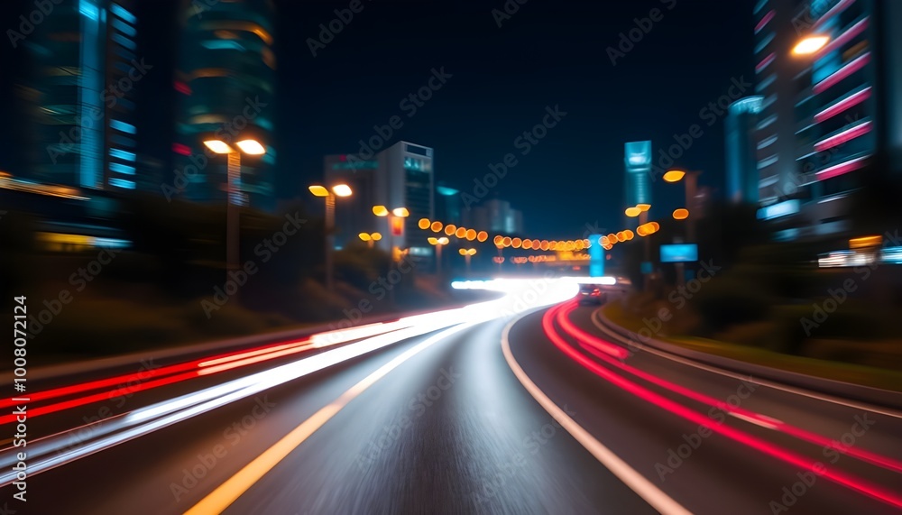speedy light lines glow with motions on the city night curvy road with Colorful bokeh background. speedy light lines glow with motions on the city night curvy road with Colorful bokeh background.