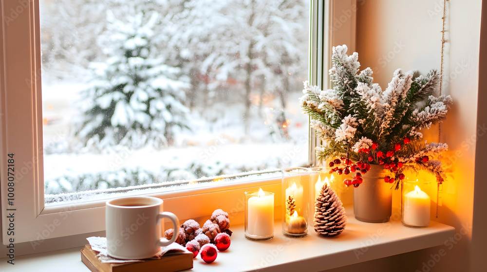 Cozy winter scene with candles, a cup of tea, and festive decorations on a windowsill overlooking a snowy landscape Cozy winter scene with candles, a cup of tea, and festive decorations on a windowsill overlooking a snowy landscape