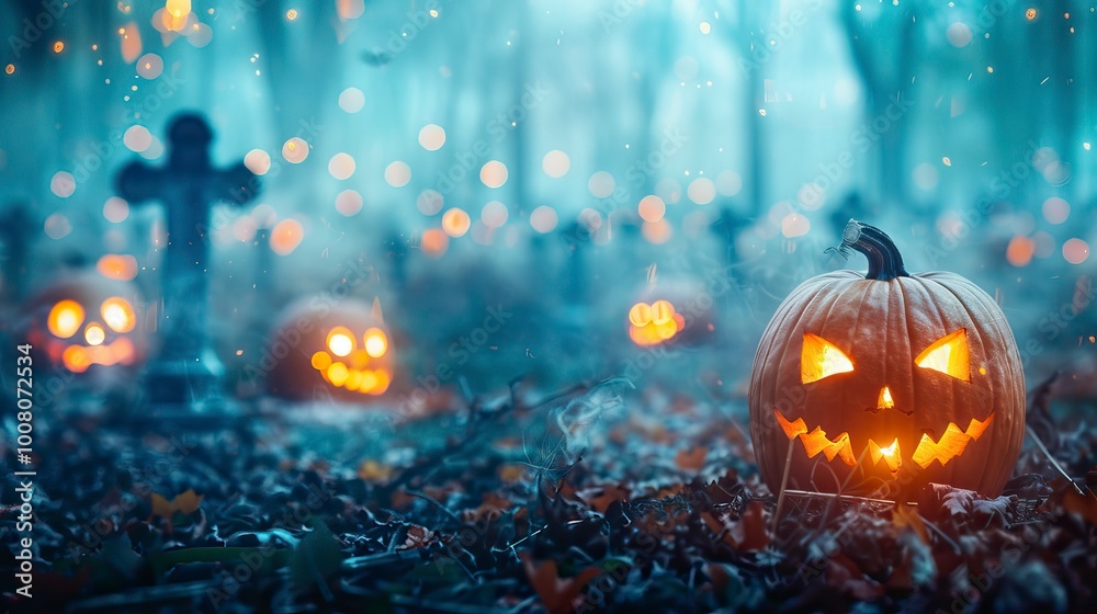 Scary pumpkins in the cemetery halloween background, Halloween elements, Happy Halloween Scary pumpkins in the cemetery halloween background, Halloween elements, Happy Halloween