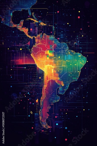 A vibrant technological map showcasing the rich diversity of Latin America with Brazil highlighted