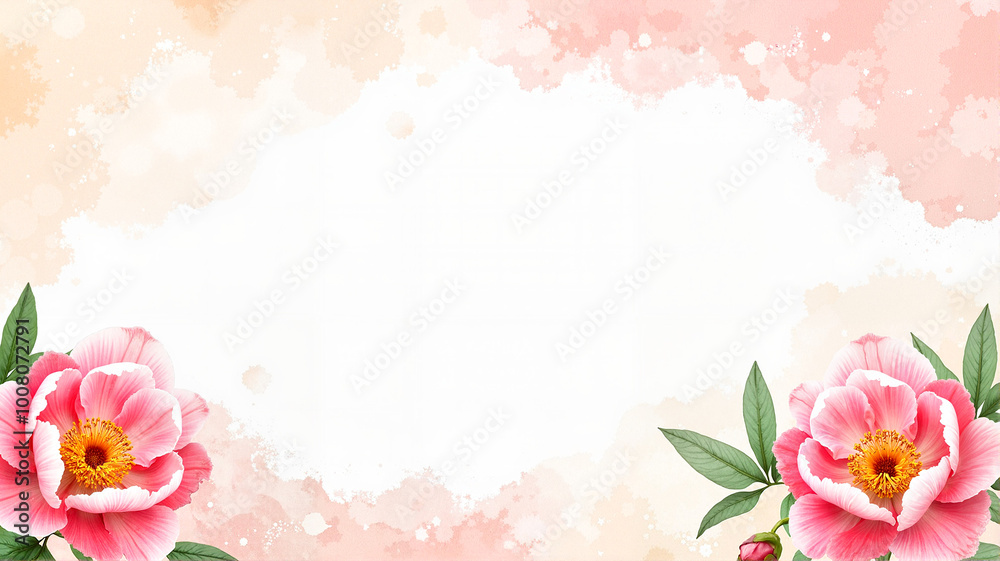 Pink Flowers with Watercolor Background and Green Leaves Pink Flowers with Watercolor Background and Green Leaves