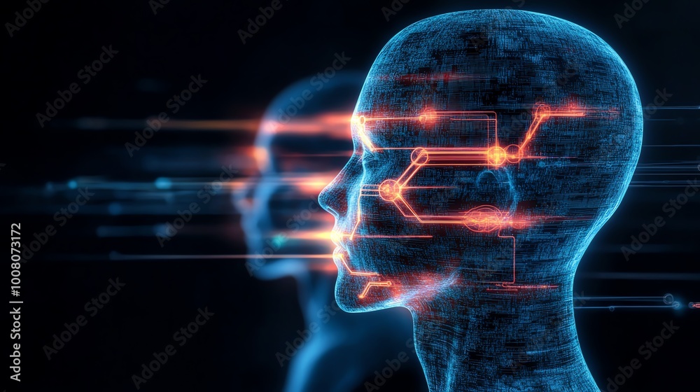Futuristic digital human faces with glowing circuitry effects, abstract representation. Futuristic digital human faces with glowing circuitry effects, abstract representation.
