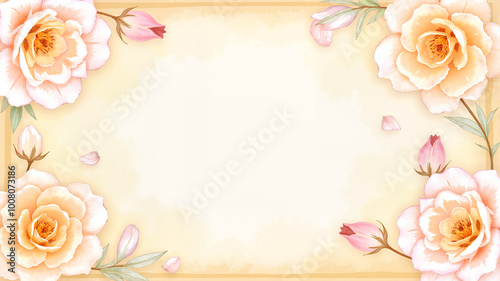 Peach-colored roses and green leaves on light beige background