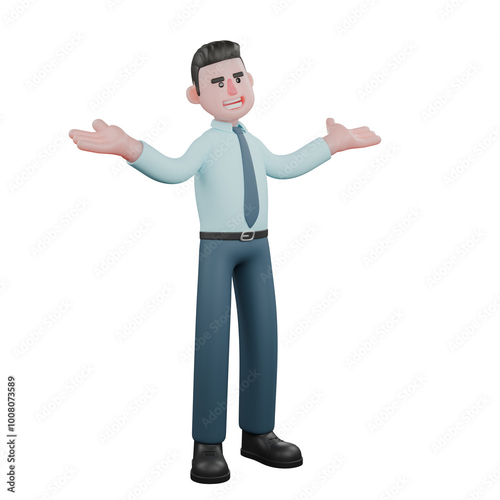 Male Financial Analyst Cartoon in 3D. A male financial analyst stands facing left stretching both arms with palms facing upwards. Financial Planning Illustration