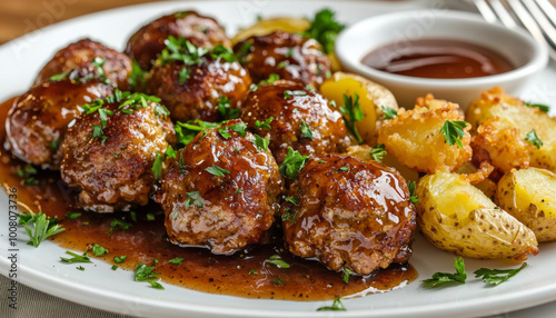 A plate of savory meatballs drizzled with sauce, accompanied by roasted potatoes and a dipping sauce.