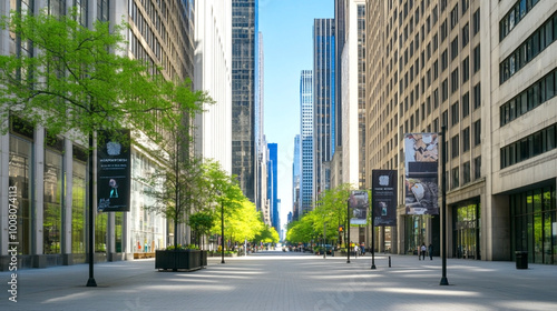 Wide city street lined with tall buildings and green trees, showcasing a peaceful urban environment on a sunny day
