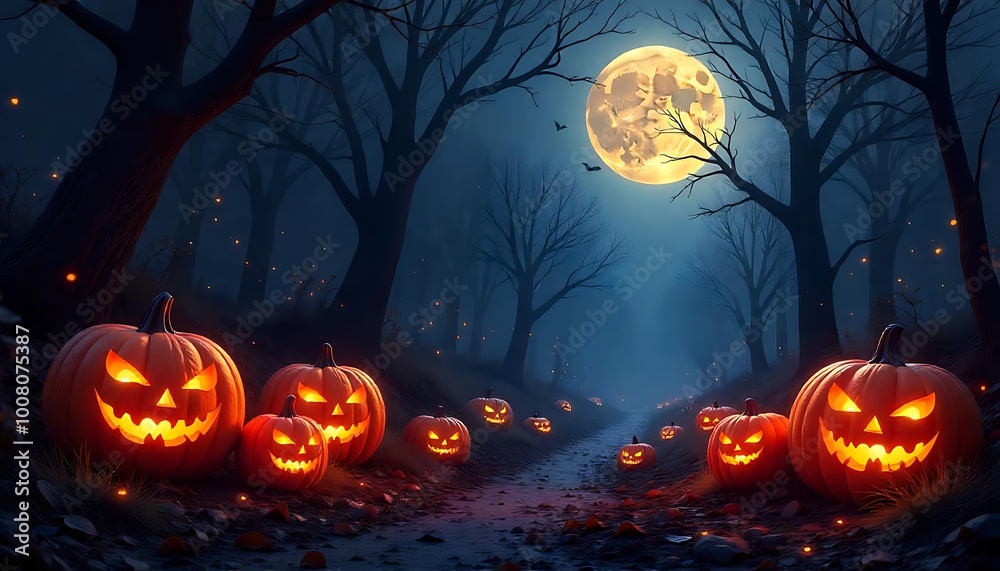 Fototapeta premium spooky halloween background with pumpkins