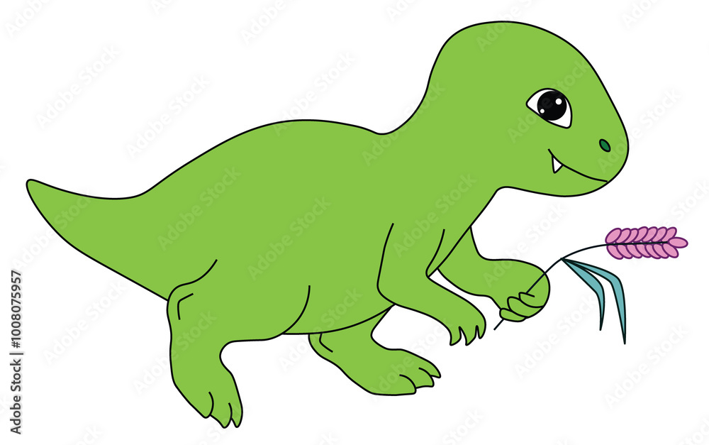 Fototapeta premium baby dinosaur tyrannosaurus walks happy and carries a blade of grass, cartoon, easy to edit, stock vector