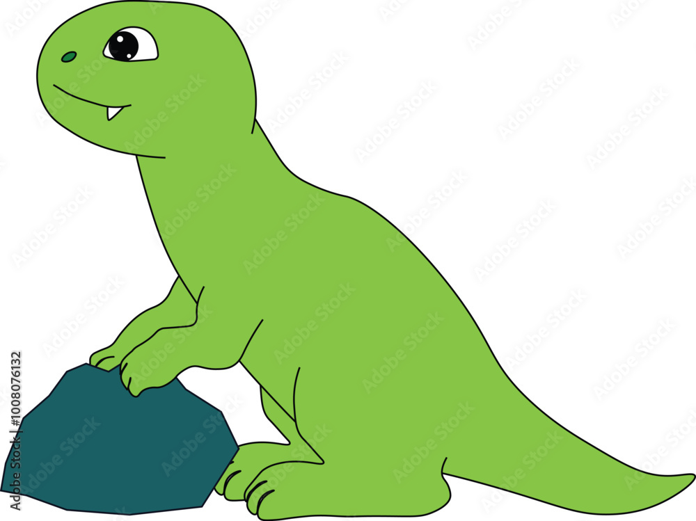 Obraz premium baby dinosaur tyrannosaurus stands contentedly near a stone, cartoon, easy to edit, stock vector
