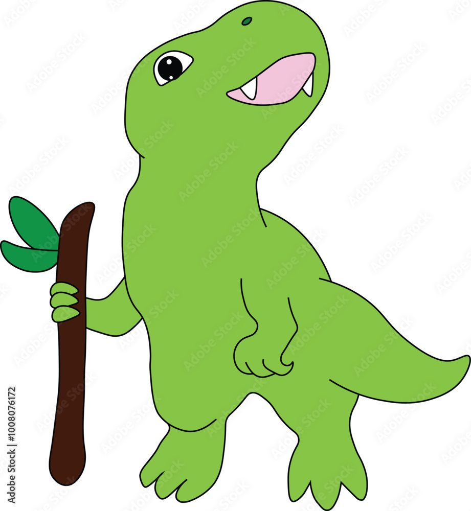 Naklejka premium baby dinosaur tyrannosaurus stands happy and holds a stick with a leaf in his hands, cartoon, easy to edit, stock vector
