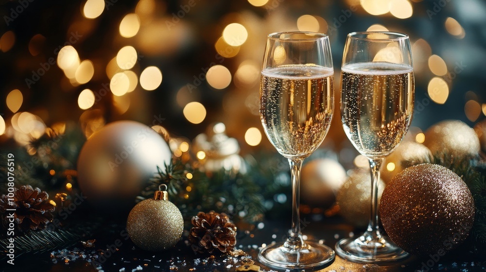 Two champagne glasses are on a table with Christmas decorations Two champagne glasses are on a table with Christmas decorations