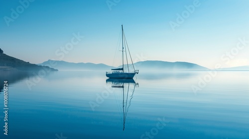 A single boat anchored in a serene bay.