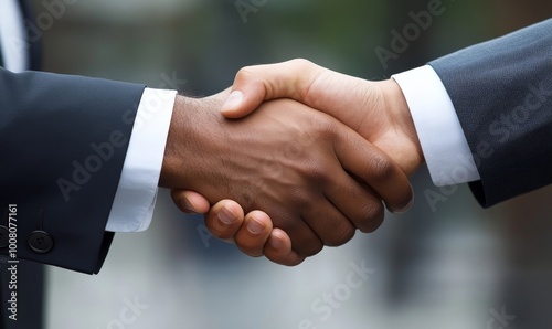 Professional handshake between businessmen symbolizing agreement and partnership in a corporate setting, Generative AI