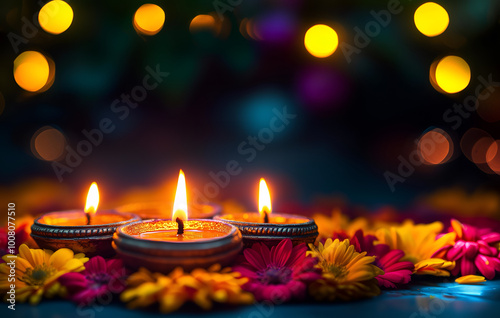 Oil lamps on the flowers in happy Diwali festival photo