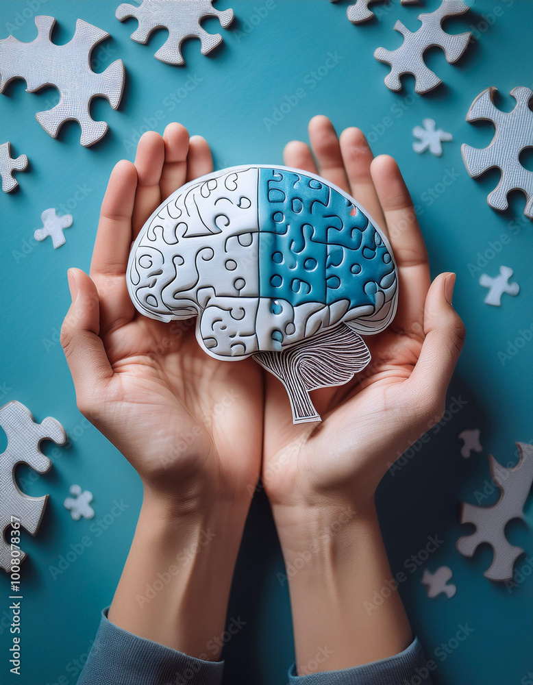 custom made wallpaper toronto digitalHands holding brain with puzzle paper cutout, autism, demential, Epilepsy and alzheimer awareness, seizure disorder, world mental health day concept