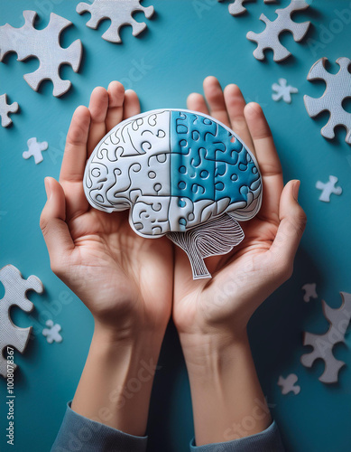 Hands holding brain with puzzle paper cutout, autism, demential, Epilepsy and alzheimer awareness, seizure disorder, world mental health day concept
