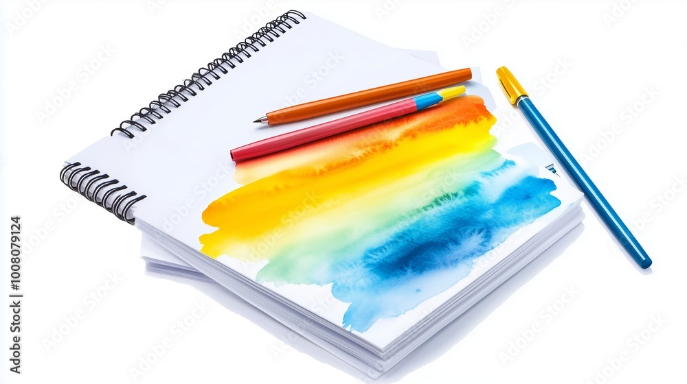 Naklejka premium A vibrant watercolor painting process on a sketchbook with colorful pens and brushes at a creative workspace