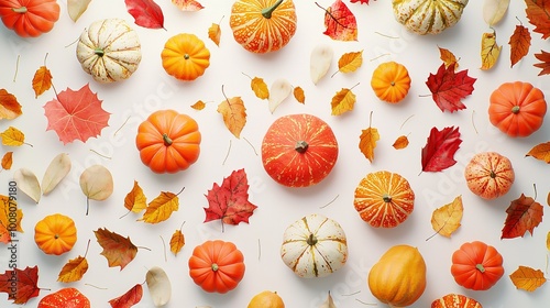 Festive autumn decor from pumpkins berries and leaves on white background