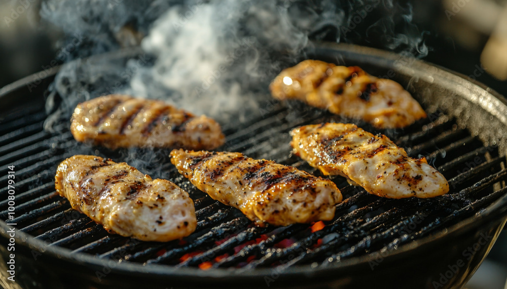 Grilled chicken fillets sizzling on a barbecue, surrounded by smoke, showcasing a delicious cooking scene. Grilled chicken fillets sizzling on a barbecue, surrounded by smoke, showcasing a delicious cooking scene.