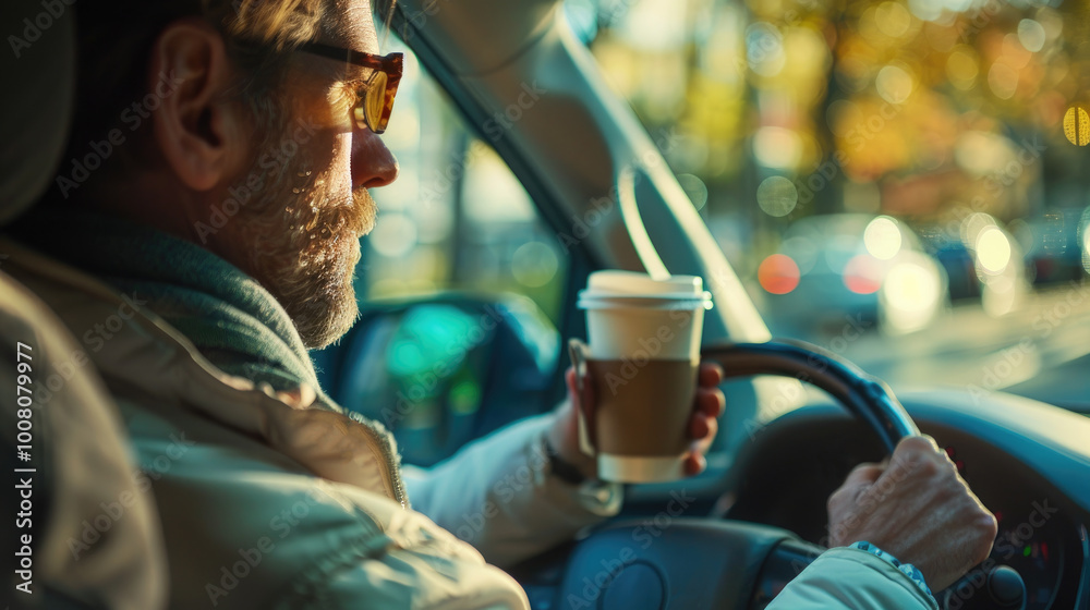 A man drinks coffee while driving a car.