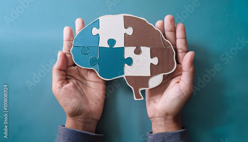 Hands holding brain with puzzle paper cutout, autism, demential, Epilepsy and alzheimer awareness, seizure disorder, world mental health day concept
