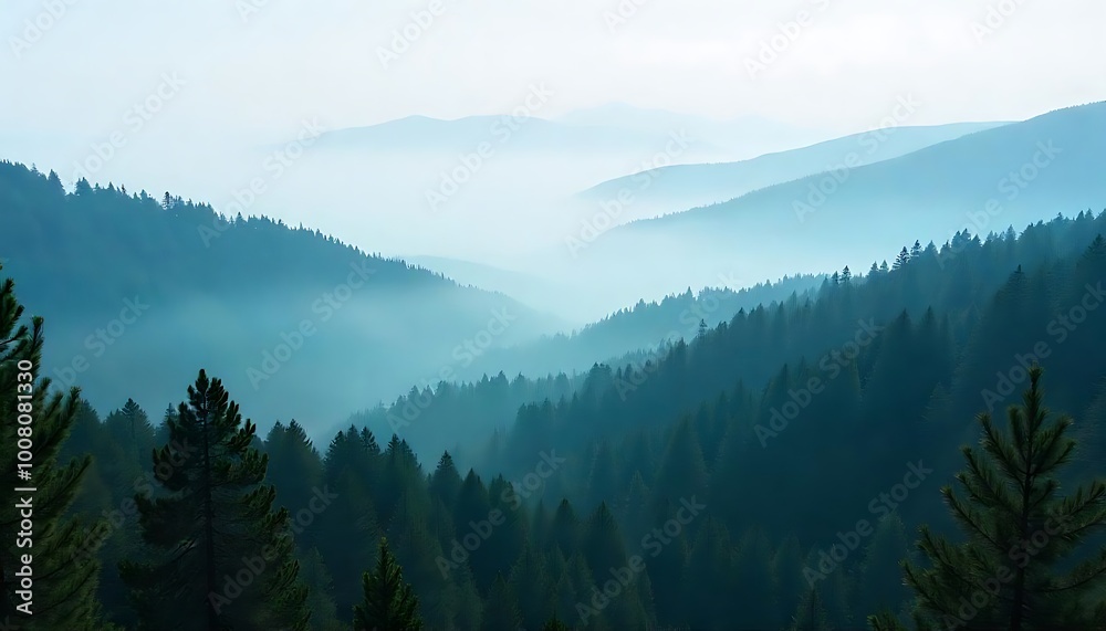 misty forest scene with mountains and pine trees in the background misty forest scene with mountains and pine trees in the background