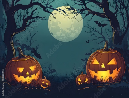 Spooky Halloween Pumpkins and Eerie Atmosphere in Haunted Forest with Full Moon photo