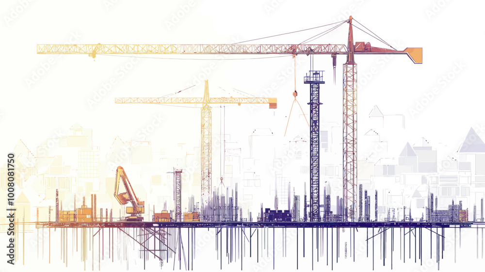 Abstract Construction Site with Tower Cranes and Building Equipment Isolated on White Background, Minimalist Polygonal Vector Illustration of Urban Development Abstract Construction Site with Tower Cranes and Building Equipment Isolated on White Background, Minimalist Polygonal Vector Illustration of Urban Development