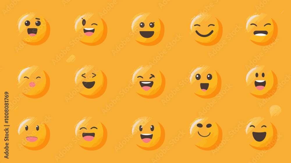 Vector Emoticons Pack Fully Editable Without Mesh for Social Media and Graphic Design Projects Expressing Various Emotions on Orange Background Vector Emoticons Pack Fully Editable Without Mesh for Social Media and Graphic Design Projects Expressing Various Emotions on Orange Background