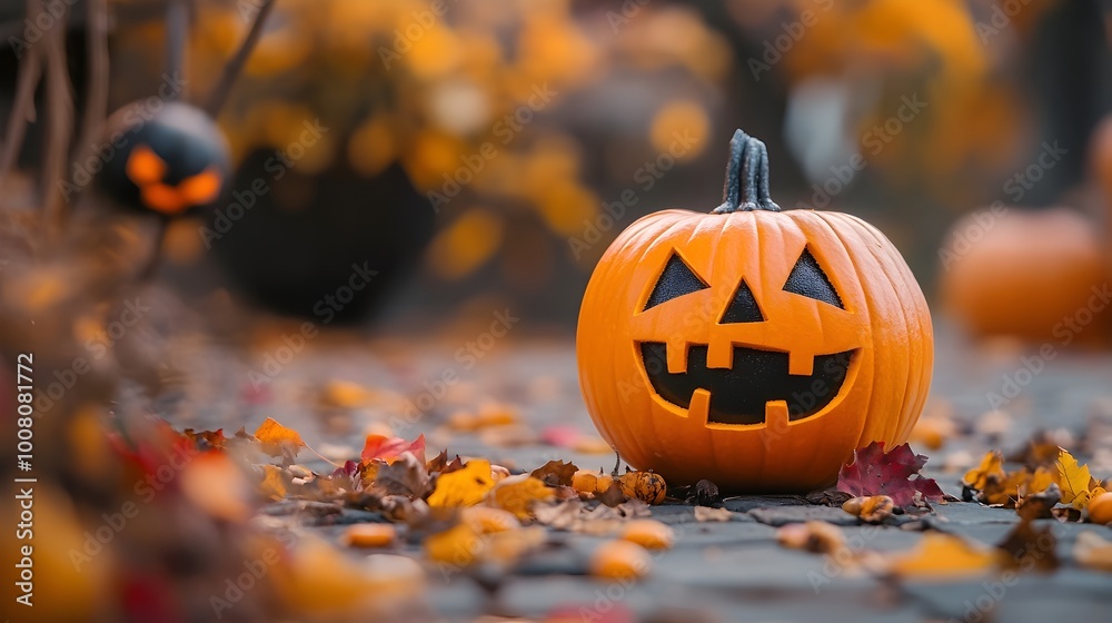Jack o Lantern Pumpkin in Autumn Leaves with Spooky Halloween Ambience Jack o Lantern Pumpkin in Autumn Leaves with Spooky Halloween Ambience
