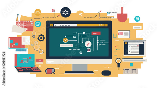 Web Development Process Illustration with Code, Design, and UX Elements for Digital and Technology Projects