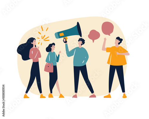 Word of Mouth Marketing Strategy: People Sharing Product and Service Recommendations with Megaphone in Flat Minimalist Design