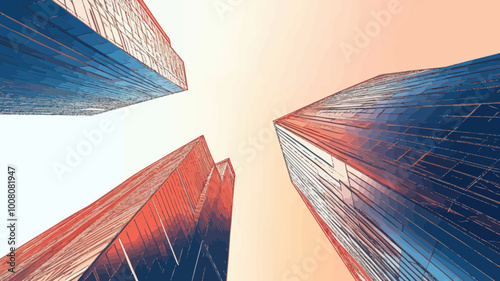 Abstract Low Angle View of Modern Skyscrapers at Sunset in Minimalist Flat SVG Vector Style Highlighting Urban Architecture and Metropolitan Growth