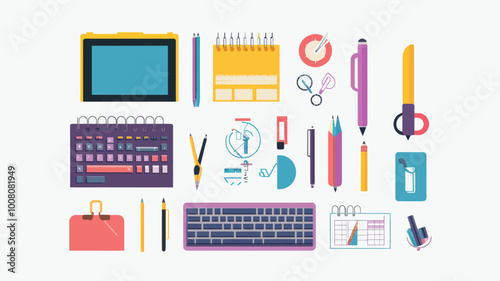 Flat Design Graphic Designer Tools and Office Equipment Vector Illustration for Workspace Creativity and Organization Concepts