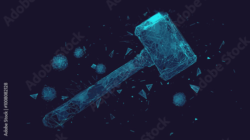 Polygonal Judge Hammer with Vector Mesh Spheres and Flying Debris in Blue Minimalist Style