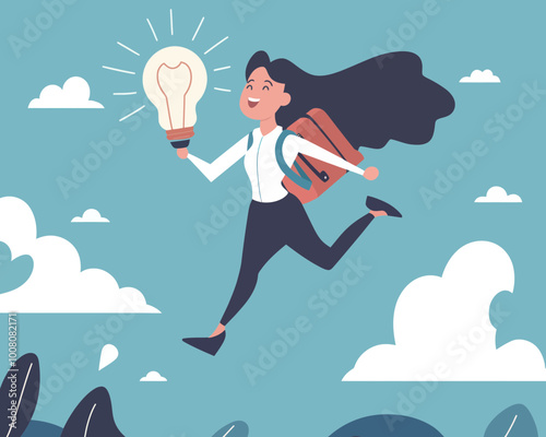 Confident Businesswoman Flying with Lightbulb Jetpack Symbolizing Innovation, Productivity, Motivation, and Business Growth in Flat Minimalist Vector