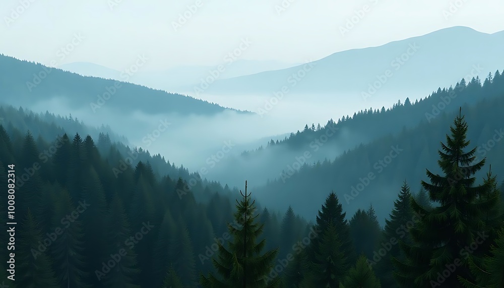 misty forest scene with mountains and pine trees in the background