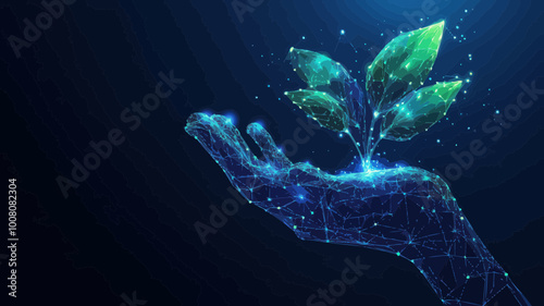 Digital Sustainable Economy Concept: Low Poly Wireframe Hand Holding Plant on Technological Blue Background with Glow Dots and Lines