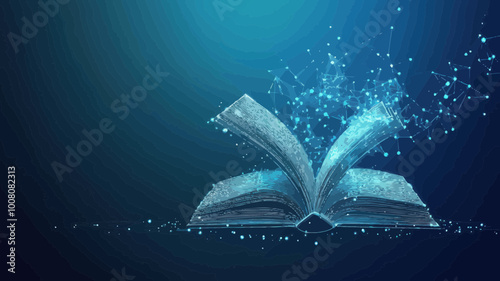Abstract Open Book with Polygonal Geometry and Light Connection Structure, Low Poly Vector Background, Business Concept, Innovation, Knowledge Transfer, Digital Education