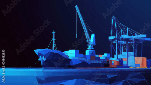 Digital Polygonal Cargo Sea Port with 3D Ship, Port Crane and Containers in Dark Blue for Transportation, Logistics, Business, Worldwide Shipping Concept - Minimalist SVG Vector