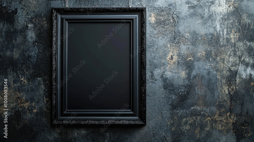 A black picture frame hanging on a dark concrete wall, providing a blank mockup template for displaying artwork or photographs.